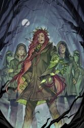  2others 3girls batman_(series) blonde_hair closed_mouth commentary dc_comics english_commentary forest full_moon green_raincoat highres hood hood_down janet_mitchell jessica_fong long_hair looking_at_viewer moon multiple_girls multiple_others nature official_art orange_hair poison_ivy rain raincoat short_hair textless_cover_page 