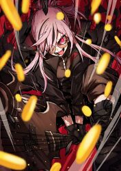  1girl arm_tattoo black_boots black_jacket boots brown_pants commentary crack cracked_glass debris english_commentary glowing glowing_eyes guitar hitting holding holding_guitar holding_instrument hololive hololive_english instrument jacket long_hair looking_at_viewer mori_calliope open_mouth pants ponytail red_background red_eyes round_eyewear smashing_guitar solo sparks straight-on tattoo teru_(asa_hi_t) tongue tongue_out 