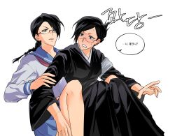  2girls absurdres black_eyes black_hair black_hakama bleach blue_eyes blue_sailor_collar blush braid braided_ponytail folded_ponytail frypannn glasses hakama highres ise_nanao japanese_clothes korean_text long_sleeves miniskirt multiple_girls pleated_skirt sailor_collar school_uniform serafuku shihakusho single_braid skirt sweat translation_request yadoumaru_lisa 