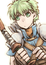  1boy armor arrow_(projectile) bow_(weapon) brown_gloves commentary_request fingerless_gloves fire_emblem fire_emblem:_path_of_radiance gloves holding holding_bow_(weapon) holding_weapon looking_to_the_side male_focus pauldrons rolf_(fire_emblem) shoulder_armor upper_body weapon white_background yokutsuki_noa 