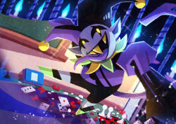  1boy absurdres black_sclera board_game card chess chess_piece colored_sclera colored_skin colored_teeth colored_tongue commentary_request deltarune dice hat highres jester jester_cap jevil long_tongue looking_at_viewer male_focus pawn_(chess) playing_card purple_skin purple_tongue sharp_teeth solo teeth tongue tongue_out utdr_(toby_fox) watawata22 yellow_eyes yellow_teeth 