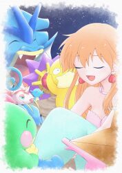  1girl artist_name azurill bare_shoulders clauncher closed_eyes commentary_request corsola dated earrings feet_out_of_frame goldeen gyarados highres horsea jewelry long_hair merfolk mermaid minamonoyume monster_girl necklace official_alternate_costume official_alternate_hairstyle open_mouth orange_hair pokemon pokemon_(anime) pokemon_(classic_anime) pokemon_(creature) politoed psyduck shell shell_earrings sitting starmie staryu 