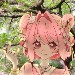  1girl \m/ bead_necklace beads bell brown_eyes cherry_blossoms chinese_clothes chinese_commentary closed_mouth commentary_request commission day dot_nose double_bun earrings eyelashes flower flower_earrings flower_necklace hair_bell hair_bun hair_flower hair_intakes hair_ornament hair_over_shoulder hair_rings hair_tubes hanfu happy highres holding infinity_nikki jewelry leaf_hair_ornament long_hair long_sleeves looking_at_viewer low_twintails lsrihruey making-of_available necklace nikki_(nikki) nikki_(series) outdoors photo_background pink_flower pink_hair pink_hanfu rabbit_hair_ornament sample_watermark sky smile solo spring_(season) tassel tassel_hair_ornament too_many_watermarks tree twintails under_tree upper_body watermark white_sky 