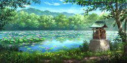  artist_request blue_sky clouds day flower game_asset grass highres lake light_rays lily_pad lotus lotus_leaf mountain no_humans official_art outdoors pink_flower rope scenery shimenawa shrine sky sunbeam sunlight third-party_source touhou touhou_lostword tree yellow_flower 