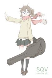  1girl black_socks brown_hair brown_shoes closed_mouth commentary_request east_sha2 full_body glasses hair_tie highres holding_instrument_case long_sleeves miniskirt open_hand outstretched_arm pink_scarf puffy_long_sleeves puffy_sleeves scarf sekaiju_no_meikyuu sekaiju_no_meikyuu_5 shoes simple_background skirt smile socks solo sweater sweater_no_onnanoko_(sekaiju) twintails white_background yellow_sweater 