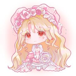  1girl :3 absurdly_long_hair ankle_flower anklet beads blonde_hair bonnet border bow brown_eyes chibi chinese_commentary classic_lolita closed_mouth collar commentary_request cross-laced_clothes cross-laced_sleeves detached_collar dress dress_bow dress_flower eyelashes eyes_visible_through_hair facepaint flower frilled_collar frills galuan gloves gown grey_shoes hair_beads hair_flower hair_ornament hands_on_lap happy heart-shaped_bonnet high_collar highres if_some_one_loves_a_flower_(infinity_nikki) infinity_nikki jewelry juliet_sleeves layered_dress le_petit_prince lolita_fashion long_hair long_sleeves looking_at_viewer nikki_(series) official_alternate_color outside_border pantyhose parted_bangs petals pink_background pink_bonnet pink_bow pink_collar pink_dress pink_flower pink_rose puffy_sleeves ringlets rose rose_petals round_border shoes sidelocks smile solo sparkling_eyes standing train_(clothing) very_long_hair wavy_hair white_border white_dress white_flower white_gloves white_pantyhose white_rose 