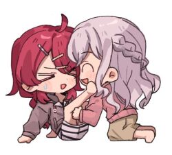  >_< 2girls bang_dream! bang_dream!_yumemita barefoot between_legs braid brown_skirt cardigan chibi closed_mouth commentary grey_hoodie half_up_braid hood hoodie long_hair miyanaga_nonoka miyanaga_nonoka_(real) multiple_girls open_mouth pink_cardigan pink_hair red_hair sengoku_yuno sengoku_yuno_(real) shatangju_(bokuto1463) simple_background skirt smile white_background yuri 
