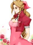  aerith_gainsborough aiw bolero braid brown_hair choker final_fantasy final_fantasy_vii flower green_eyes hair_ribbon long_hair ponytail ribbon single_braid solo 