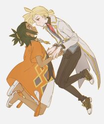  2boys black_pants black_shirt black_shoes blonde_hair coat collared_shirt dark-skinned_male dark_skin ear_piercing fua1heyvot4ifsr full_body gladion_(pokemon) gladion_(sygna_suit)_(pokemon) green_eyes green_hair grey_background grey_vest hair_over_one_eye hau_(pokemon) hau_(sygna_suit)_(pokemon) highres jewelry looking_at_another male_focus multiple_boys necktie official_alternate_costume open_clothes open_coat pants piercing pokemon pokemon_masters_ex pokemon_sun_and_moon ponytail red_necktie sandals shirt shoes shorts simple_background vest white_background white_sandals white_shorts yellow_coat 