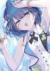  1girl aida_karasu arm_above_head blue_eyes blue_hair blue_theme blush bracelet clover clover_in_mouth collared_shirt feather_hair_ornament feathers four-leaf_clover frills hair_ornament hair_ribbon highres holding holding_clover idol_clothes jewelry kiritani_haruka looking_at_viewer lying necktie on_back project_sekai ribbon ripples shirt short_hair signature sleeveless upper_body vest water watermark 