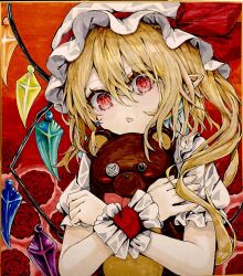  1girl :o blonde_hair commentary_request cowboy_shot fang flandre_scarlet flower hair_between_eyes hat hat_ribbon highres holding holding_stuffed_toy kararage_tsune long_hair looking_at_viewer mob_cap pointy_ears puffy_short_sleeves puffy_sleeves red_background red_eyes red_flower red_ribbon red_rose red_vest ribbon rose shikishi shirt short_sleeves skin_fang solo stuffed_animal stuffed_toy teddy_bear touhou traditional_media upper_body vest white_hat white_shirt wings 
