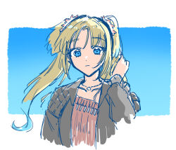  1girl black_jacket blending blonde_hair blue_eyes blue_hair border closed_mouth cropped_torso expressionless flower gradient_background gradient_hair hair_flower hair_ornament highres jacket leather leather_jacket long_hair long_sleeves love_live! love_live!_hasu_no_sora_jogakuin_school_idol_club multicolored_hair open_clothes open_jacket osawa_rurino osawa_rurino_(summer_casual) outside_border parted_bangs pink_flower pink_shirt shirt solo two-tone_hair virtual_youtuber white_border zangemiya 