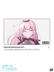  1girl absurdres blunt_bangs blush closed_eyes commentary english_commentary english_text fake_screenshot highres holoctober hololive hololive_english long_hair mori_calliope mori_calliope_(1st_costume) open_mouth pink_hair shoulder_spikes simple_background solo spikes tiara veil virtual_youtuber white_background white_mouth znaher 