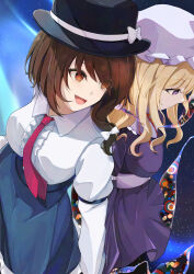  2girls absurdres black_hat black_skirt blonde_hair bow brown_eyes brown_hair closed_mouth collared_dress collared_shirt commentary_request dress gap_(touhou) hair_bow hat hat_bow highres long_hair long_sleeves maribel_hearn medium_hair mirumiru_sennin mob_cap multiple_girls neck_ribbon necktie open_mouth purple_dress red_necktie red_ribbon ribbon shirt shirt_tucked_in skirt smile touhou usami_renko white_bow white_hat white_shirt 