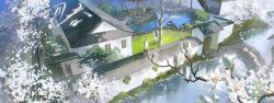  1boy arch_bridge architecture bare_tree bird's_eye_view black_hair black_shoes blue_vest branch bridge bud building bush calligraphy canal chinese_clothes chinese_text courtyard day east_asian_architecture flower from_above from_side garden gate grass highres house long_sleeves looking_up magnolia original outdoors pavilion pond railing reflection river robe rock scenery shadow shoes short_hair solo stairs standing stone_bridge sunlight tangzhuang tile_roof tree vest water white_flower white_robe wide_shot window wooden_door yusongrmdsuki 