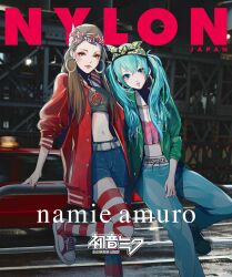  2girls aqua_hair artist_name_(singer) belt brown_hair cover cover_page earrings hat headscarf highres hoop_earrings jacket jewelry long_hair looking_at_viewer magazine_cover multicolored_thighhighs multiple_girls namie_amuro navel outdoors pants real_life red_jacket red_thighhighs shorts soejima_shigenori striped_clothes striped_thighhighs thigh-highs twintails two-tone_thighhighs vocaloid white_thighhighs 
