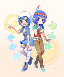  2girls alice_ip aqua_shoes aqua_sleeves arrow_(symbol) belt bemani blue_boots blue_eyes blue_hair blue_skirt boots bracelet brown_eyes brown_pants cardigan closed_mouth commentary_request copyright_name dance_dance_revolution feathers full_body grey_cardigan hand_up hat headdress high_heels jewelry medium_hair miniskirt multiple_girls native_american_clothes native_american_headdress open_mouth pants partially_unzipped red_shirt shirt shoes short_hair short_sleeves skirt smile standing standing_on_one_leg teeth thigh-highs toshiba_emi upper_teeth_only v-neck white_background white_belt white_feathers white_hat white_shirt white_thighhighs wristband yuru4u zettai_ryouiki 