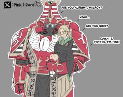  1boy 1girl absurdres adeptus_astartes armor artist_name blush chaos_space_marine commentary english_text harry_potter harry_potter_(series) highres malfoid pink_lizard power_armor round_eyewear simple_background tagme thousand_sons untranslatable_commentary warhammer_40k wizarding_world 