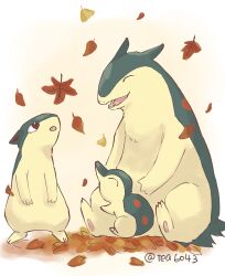  autumn_leaves closed_eyes commentary_request cyndaquil evolutionary_line falling_leaves fangs full_body highres leaf looking_up maple_leaf no_humans open_mouth pokemon pokemon_(creature) quilava red_eyes simple_background sitting smile tea6043 typhlosion white_background yellow_fur 