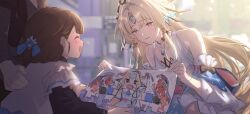  2girls ^_^ absurdres backlighting bare_shoulders black_shirt blonde_hair blue_bow blunt_bangs blurry blurry_background blush bow bright_pupils brown_hair child child's_drawing city closed_eyes day detached_sleeves drawing_(object) dress fins frilled_sleeves frills grey_jacket hair_bow hair_ornament hand_on_another's_back hands_up happy head_fins headpiece highres holding holding_drawing honkai:_star_rail honkai_(series) jacket long_hair long_sleeves looking_at_another multiple_girls open_mouth outdoors parent_and_child parted_bangs pearl_(honkai:_star_rail) pinafore_dress puffy_long_sleeves puffy_sleeves shell shell_hair_ornament shirt short_hair sleeveless sleeveless_dress smile squatting teeth very_long_hair violet_eyes white_dress white_pupils white_sleeves wide_sleeves zassyoku_dd 
