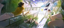  4boys backlighting bare_legs bed bedroom black_hair black_shorts book broken_ceiling bunk_bed crack cracked_wall crescent_moon cropped_legs curtains debris destruction drawing_(action) floating floating_object flying_saucer foreshortening from_behind glasses glowing highres holding holding_book holding_pen indoors light_rays lying messy_hair moon multiple_boys night on_stomach original pen perspective polka_dot reading rubber_duck shirt short_hair shorts sitting sketchbook socks spacecraft t-shirt tile_floor tiles ufo underwear white_socks wide_shot window yellow_shirt yusongrmdsuki 