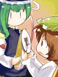  2girls asymmetrical_hair black_vest brown_eyes brown_hair buttons chen closed_mouth commentary_request embroidery_hoop green_hair green_hat hat holding long_sleeves mob_cap multiple_girls open_mouth rod_of_remorse shiki_eiki shirt short_hair smile touhou upper_body uriah-oyu vest white_shirt |_| 