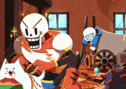2boys absurdres annoying_dog blue_jacket blush boots brothers cannon cape closed_eyes commentary_request dog eating food gloves grin highres hood hooded_jacket indoors jacket long_sleeves multiple_boys open_mouth papyrus_(undertale) pasta red_boots red_cape red_gloves rope sans_(undertale) siblings skeleton smile spaghetti sparkle spread_legs squatting teeth undertale utdr_(toby_fox) watawata22 window