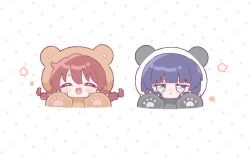  2girls :< :d ^_^ animal_costume asaka_karin bear_costume blue_eyes blue_hair braid brown_hair chibi chibi_only closed_eyes closed_mouth commentary embarrassed emma_verde frown highres long_hair love_live! love_live!_nijigasaki_high_school_idol_club low_twin_braids memeta_(oolm_m) multiple_girls panda_costume polka_dot polka_dot_background short_hair smile twin_braids untranslatable_commentary 