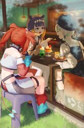  3girls animal_ears artist_logo artist_name beret black_dress black_gloves black_hat black_shoes blonde_hair brown_hair brown_hat brown_jacket cafe cecilia_immergreen chair closed_eyes clothes_pin clothing_request collar crop_top desert dessert dice_hair_ornament doll_joints dress drink fang feeding food food_request from_behind gloves grass green_hair hair_ornament hakos_baelz hat highres holding holding_drink holding_spoon hololive ika--1024 jacket joints logo looking_at_another looking_inside mole mole_under_eye mouse_ears mouse_girl mouse_tail multicolored_hair multiple_girls ninomae_ina'nis open_mouth outdoors over-kneehighs plaid_clothes plaid_hat plaid_jacket purple_gloves purple_hair red_hair red_sleeves red_tail shirt shirt_under_dress shoes sitting skirt socks spiked_collar spikes spoon star_hairband stool strapless table tail thigh-highs tongue tube_top violet_eyes virtual_youtuber watermark white_hair white_shirt white_skirt white_socks white_tube_top window 