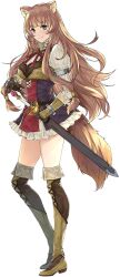  1girl animal_ear_fluff animal_ears armor armored_boots artist_request belt black_dress blunt_bangs boots breastplate breasts brown_armor brown_belt brown_boots brown_hair closed_mouth collared_dress dress from_side full_body game_asset gauntlets hair_tubes hand_up high_collar holding holding_sheath knee_boots layered_dress leather leather_boots long_hair long_sleeves looking_at_viewer looking_to_the_side medium_breasts metal_arm_cuffs metal_hair_tubes metal_wrist_cuffs neck_ribbon official_art pauldrons pinstripe_dress pinstripe_pattern raccoon_ears raccoon_girl raccoon_tail raphtalia red_dress red_eyes red_ribbon ribbon scabbard sheath sheathed short_dress shoulder_armor simple_background single_pauldron sleeveless sleeveless_dress smile solo split_mouth standing straight_hair sword tail tate_no_yuusha_no_nariagari tate_no_yuusha_no_nariagari_rise transparent_background two-tone_dress weapon white_dress yellow_trim 