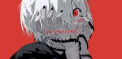  1boy absurdres barcode barcode_tattoo black_nails cheek_tattoo cosplay covered_mouth hair_between_eyes hands_on_own_face hands_up highres indie_utaite kaneki_ken kaneki_ken_(cosplay) looking_at_viewer mafumafu male_focus one_eye_covered pnt0005 portrait red_background red_eyes short_hair sidelighting simple_background solo song_name tattoo unravel_(song) utaite white_hair wide-eyed 