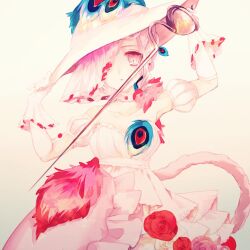  1girl blonde_hair commentary_request dress flower flower_ornament frilled_dress frills gloves hat hat_feather holding holding_sword holding_weapon magical_girl mahou_shoujo_ikusei_keikaku mahou_shoujo_ikusei_keikaku_breakdown miss_margarite ocnccncn one_eye_covered pink_background pink_eyes pink_flower pink_rose rapier red_flower red_rose rose short_hair sword weapon white_dress white_gloves 