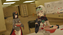  2girls absurdres asymmetrical_gloves backrooms_(creepypasta) black_gloves black_hair black_shrug chair closed_mouth colored_inner_hair commentary_request earrings eyewear_on_head food gloves hair_between_eyes highres holding holding_plate jewelry looking_at_another looking_back maria_(syake-uni) multicolored_hair multiple_girls multiple_rings noodles ofuda ofuda_on_head ofuda_on_leg on_chair open_mouth orange_eyes original plate ramen red_eyes red_hair ring short_hair shrug_(clothing) sitting sunglasses table two-tone_hair uneven_gloves white_hair 