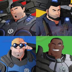  1boy absurdres adjusting_goggles armor augustus_cole bandana beard beard_stubble black_bandana black_eyes black_gloves black_hair blonde_hair blue_background blue_eyes broad_shoulders brown_eyes chinstrap_beard clenched_teeth damon_baird dark-skinned_male dark_skin dominic_santiago earrings facial_hair fingerless_gloves gears gears_of_war gloves glowing goatee green_background grey_eyes gun highres holding holding_gun holding_weapon jewelry lancer_(gears_of_war) looking_at_viewer male_focus marcus_fenix one_eye_closed portrait power_armor raised_eyebrow red_background ruvkun serious short_hair simple_background single_earring skull_print sleeveless smile smirk spiky_hair stubble teeth thumbs_up very_short_hair weapon yellow_background 