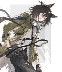  1girl animal_ears banmian_xiaocai black_gloves blush breasts brown_hair chinese_commentary closed_mouth coat commentary_request ear_covers gloves goggles goggles_around_neck hair_between_eyes highres horse_ears horse_girl long_hair long_sleeves looking_at_viewer multicolored_hair shirt solo stay_gold_(sunlit_outsider)_(umamusume) stay_gold_(umamusume) streaked_hair umamusume white_shirt white_streaks yellow_coat yellow_eyes 