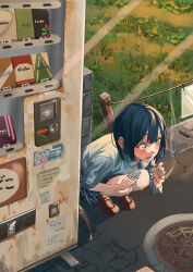  1girl absurdres bag black_hair blue_skirt blush bob_cut brown_shoes cigarette cigarette_pack commentary_request crack cracked_floor dress_shirt fence from_above garapii grass hair_between_eyes highres holding holding_cigarette holding_cigarette_pack light_rays loafers looking_ahead loose_hair_strand manhole_cover nervous original outdoors parted_lips partially_translated plaid_clothes plaid_skirt raised_eyebrows rope rust school_bag school_uniform shirt shoes short_hair sign skirt smoke smoking solo squatting storm_drain sunbeam sunlight sunset surprised sweatdrop translation_request vending_machine white_shirt wide-eyed yellow_eyes 