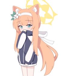  1girl animal_ear_fluff animal_ears apricotlemontea blue_archive blue_eyes blush brown_hair cat_ears chibi commentary_request covered_mouth flower grey_jacket hair_flower hair_ornament hairband halo hand_up jacket long_hair long_sleeves low_ponytail mari_(blue_archive) mari_(track)_(blue_archive) ponytail puffy_long_sleeves puffy_sleeves simple_background sleeves_past_wrists solo track_jacket very_long_hair white_background white_flower white_hairband 