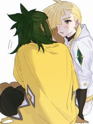  2boys alternate_costume alternate_hairstyle black_gloves black_shirt blonde_hair blush coat dark-skinned_male dark_skin ear_piercing fua1heyvot4ifsr full_body gem gladion_(pokemon) gloves green_eyes green_gem green_hair hair_over_one_eye hau_(pokemon) hau_(sygna_suit)_(pokemon) highres jacket long_hair looking_at_another male_focus multiple_boys official_alternate_costume open_mouth piercing pokemon pokemon_masters_ex pokemon_sun_and_moon ponytail shirt simple_background sitting sweater turtleneck turtleneck_sweater white_background white_jacket yellow_coat 