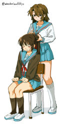  2girls absurdres black_socks blue_sailor_collar blue_skirt brown_cardigan brown_hair cardigan chair closed_eyes closed_mouth collarbone commentary_request fully_genderswapped_group genderswap genderswap_(mtf) hair_tie highres holding holding_hair_tie kita_high_school_uniform kneehighs knees koizumi_itsuki_(female) kyonko long_hair long_sleeves medium_hair multiple_girls on_chair open_cardigan open_clothes ponytail red_ribbon ribbon sailor_collar school_chair school_uniform serafuku shoes sitting skirt smile socks standing suzumiya_haruhi_no_yuuutsu tying_another's_hair uwabaki white_shoes white_socks winter_uniform wonderlandkikyo 