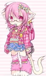  1girl adorable ahoge animal_ears backpack bag barefoot bell bella_koneko_(ammonyaa) blue_skirt bow canihavepromo cat_ears cat_girl cat_tail child clothes_writing collar commission crime_prevention_buzzer cute cutecore denim denim_skirt female female_only fur_trim girl glasses glowstick_necklace hair_bobbles hair_ornament headphones heisei_retro highres holding holding_headphones jacket kawaii kawaiicore lace-trimmed_skirt lace_trim lottie_(gravyalloverhim) matching_hair/eyes neck_bell original pacifier pink-framed_eyewear pink_background pink_bag pink_collar pink_eyes pink_hair pink_socks pink_theme polka_dot polka_dot_bow print_shirt randoseru shirt short_twintails skirt socks striped striped_background striped_clothes striped_jacket striped_socks tail third-party_source twintails wholesome yellow_bow yellow_shirt 