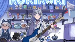  1girl absurdres animal_ear_hood black_choker black_skirt blue_eyes blue_hair blue_hoodie blue_shoes book cat character_doll choker clock corded_phone covered_eyes crescent crown doll guitar headphones highres holding holding_guitar holding_instrument hood hood_up hoodie indie_virtual_youtuber instrument jam kochira_yoto long_hair long_sleeves looking_at_viewer matryoshka_doll microphone parted_lips phone photo_(object) shoes skirt solo stuffed_toy suitcase television toy user_kgnp3584 virtual_youtuber watermark white_hair white_hoodie 