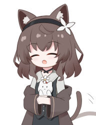  1girl :o afterimage animal animal_ear_fluff animal_ears animal_hug apricotlemontea black_hairband black_skirt black_vest brown_hair brown_jacket cat cat_ears cat_girl cat_tail chibi closed_eyes collared_shirt commentary_request flower grey_shirt hairband highres jacket long_sleeves off_shoulder open_clothes open_jacket open_mouth original shirt simple_background skirt solo tail tail_wagging vest white_background white_cat white_flower wide_sleeves 
