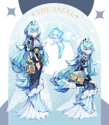  1girl ahoge blue_bow blue_bowtie blue_eyes blue_gem blue_hair bow bowtie closed_eyes clothing_request commentary dress english_text frilled_dress frills full_body gem gradient_clothes gradient_dress hair_between_eyes hair_bow hand_on_own_knee hat highres juliet_sleeves long_hair long_sleeves looking_at_viewer multicolored_hair original own_hands_together pale_skin puffy_sleeves sitting very_long_hair wifi12341234 