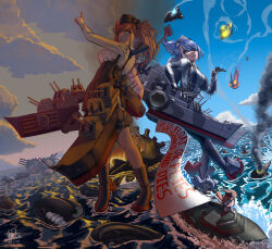  2girls absurdres abyssal_ship aircraft airplane atlanta_(kancolle) battleship_princess black_gloves blue_hair breasts brown_hair commentary commission earrings enemy_aircraft_(kancolle) english_commentary english_text fairy_(kancolle) garrison_cap garter_straps gloves grey_eyes ha-class_destroyer half_gloves hat highres jewelry kantai_collection large_breasts long_hair military_vehicle mini_person minigirl multiple_girls ocean outdoors pointy_hair reno_(kancolle) ron_(pixiv83091338) ship shirt siblings sisters skirt sky star_(symbol) star_earrings star_on_cheek suspender_skirt suspenders torpedo_boat twilight_water_demon_eldest_daughter two-tone_shirt two_side_up warship watercraft white_shirt 
