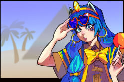  1girl absurdres adjusting_eyewear blue_eyes blue_hair bow bowtie candy commentary earrings english_commentary facial_mark food gold_headband hairband hand_on_eyewear heart heart-shaped_eyewear highres holding holding_candy holding_food holding_lollipop jewelry key_earrings lollipop long_hair michigami_nareko molly_yancey open_mouth outdoors palm_tree pyramid_(structure) red-framed_eyewear short_sleeves solo touhou tree triangle triangle_facial_mark upper_body usekh_collar yellow_bow yellow_bowtie 
