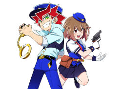  1boy 1girl artist_request belt black_belt blue_hat blue_pants blue_shirt blue_skirt blue_vest brown_hair cash_(rich_police_cash!) clenched_teeth cuffs fanny_pack gloves green_eyes gun hair_between_eyes hakona_(rich_police_cash!) handcuffs handgun hat holding holding_gun holding_handcuffs holding_weapon jewelry necktie official_art open_mouth pants police police_hat police_uniform policewoman red_hair red_necktie rich_police_cash! ring shirt short_hair simple_background skirt smile socks standing standing_on_one_leg teeth upper_teeth_only vest weapon white_background white_gloves white_shirt white_socks 