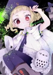  1girl absurdres artist_name bird black_pantyhose blonde_hair blunt_bangs boots bow commentary_request hat highres lab_coat looking_at_viewer magical_girl mahou_shoujo_ikusei_keikaku mahou_shoujo_ikusei_keikaku_aces monoshiri_micchan mortarboard necktie ocnccncn owl pantyhose purple_bow purple_necktie red_eyes short_hair 