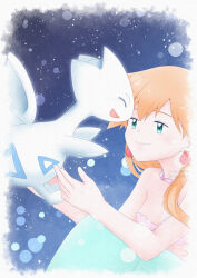  1girl artist_name breasts closed_eyes closed_mouth dated earrings feet_out_of_frame floating highres jewelry light_particles long_hair looking_at_another medium_breasts merfolk mermaid minamonoyume misty_(pokemon) monster_girl necklace official_alternate_costume official_alternate_hairstyle open_mouth orange_hair pokemon pokemon_(anime) pokemon_(classic_anime) pokemon_(creature) shell shell_earrings sitting smile togetic 