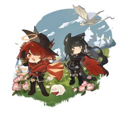  2girls absurdres animal animal_ear_fluff animal_ears arknights black_cape black_dress black_gloves black_hair black_hat black_jacket cape chibi chibi_only chinese_commentary clouds commentary_request dragon dress exusiai_(arknights) exusiai_the_new_covenant_(arknights) exusiai_the_new_covenant_(the_legend_seeker)_(arknights) fingerless_gloves flower full_body gauntlets gloves grass halo hat highres holding holding_sword holding_weapon jacket juanxue long_hair looking_at_viewer multiple_girls official_alternate_costume open_mouth outdoors pink_flower rabbit red_cape red_hair short_hair sky smile standing sword texas_(arknights) texas_the_omertosa_(arknights) texas_the_omertosa_(wingbreaker)_(arknights) weapon wolf_ears wolf_girl yellow_eyes 