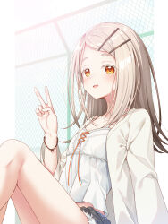  1girl bare_legs blonde_hair bracelet camisole collarbone colored_eyelashes commentary_request denim denim_shorts flipped_hair gakuen_idolmaster gradient_hair grey_hair hair_ornament hairclip highres idolmaster jewelry long_hair masaki_kei midriff_peek multicolored_hair open_clothes open_robe orange_eyes robe rope_belt shinosawa_hiro short_shorts shorts sitting smile solo v white_camisole white_robe 